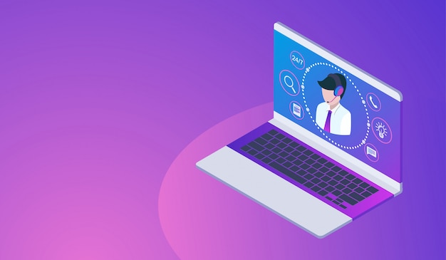 Cliente ou linha de serviço conceito com laptop, call center 24h. Vetor Premium