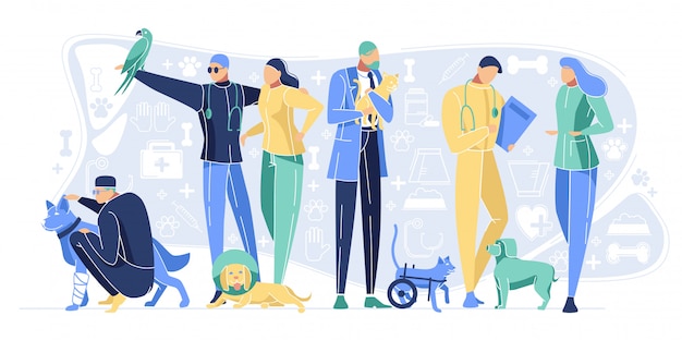 Clínica veterinária funcionários com animais animais de estimação hospital Vetor Premium