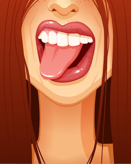 Close da boca de uma mulher com a língua para fora. ilustração | Vetor Premium