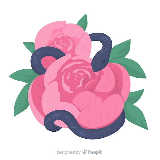 Cobra desenhada de mão com fundo de rosas Vetor grátis