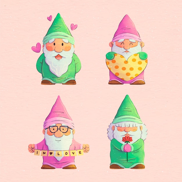 Coleção aquarela de gnomos do dia dos namorados Vetor Grátis