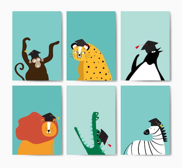 Coleção de animais fofos, vestindo um boné de formatura no vetor de estilo dos desenhos animados Vetor grátis