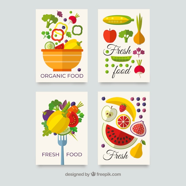 Coleção de cartão de comida saudável com design plano Vetor grátis