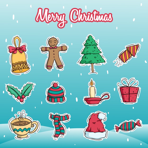 Coleção de decoração de natal com estilo doodle colorido sobre fundo de neve Vetor Premium