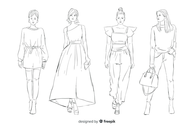 Coleção de desenhos de moda com modelos Vetor grátis