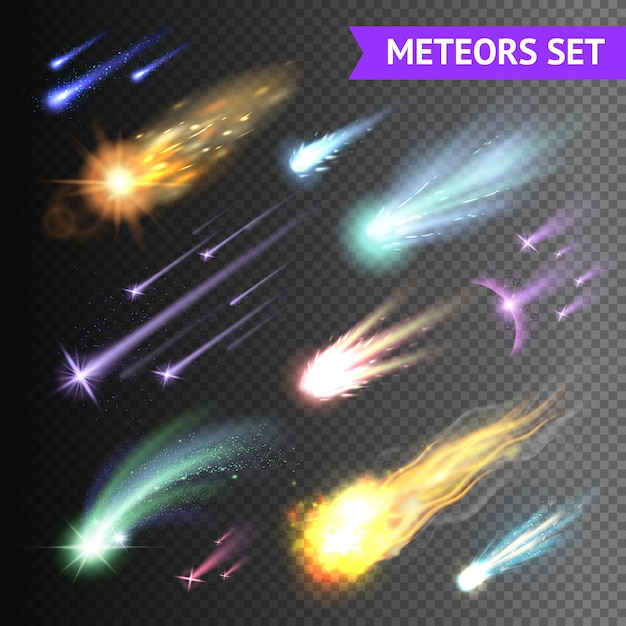 Coleção de efeitos de luz com cometas meteoros e bolas de fogo isoladas em fundo transparente Vetor grátis
