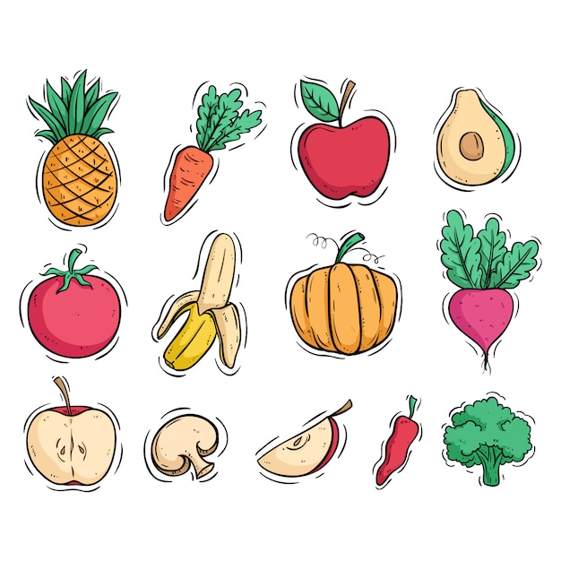 Cole O De Frutas E Vegetais Com Estilo Doodle Colorido Vetor Premium