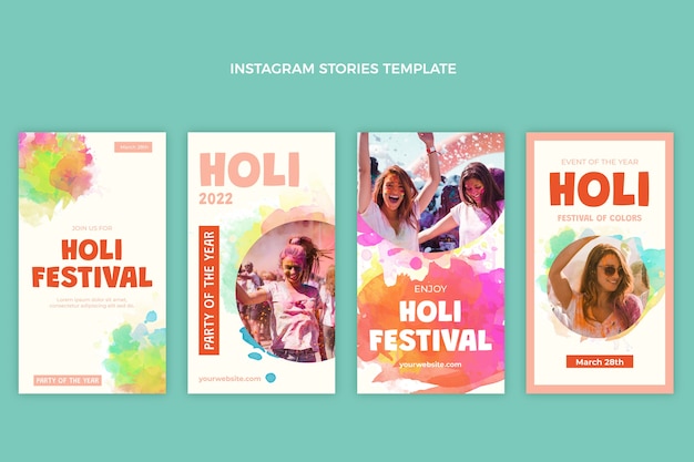 Coleção de histórias do instagram de holi em aquarela Vetor Premium