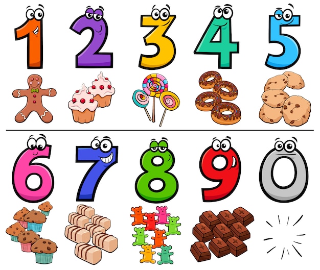 Coleção de números dos desenhos animados com objetos de comida doce Vetor Premium