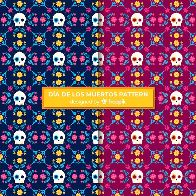 Coleção de padrão colorido día de muertos com design plano Vetor grátis
