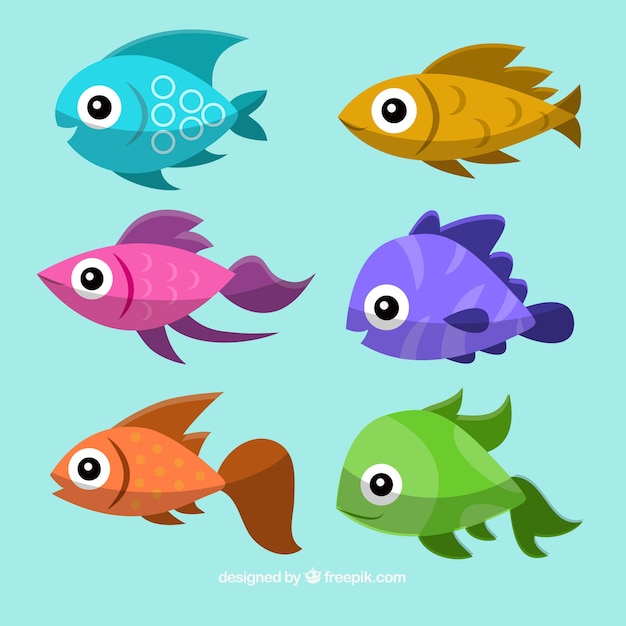Coleção de peixes coloridos com rostos felizes Vetor grátis