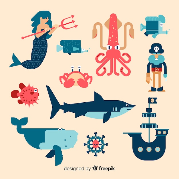 Coleção de personagens marinhos de mão desenhada Vetor grátis