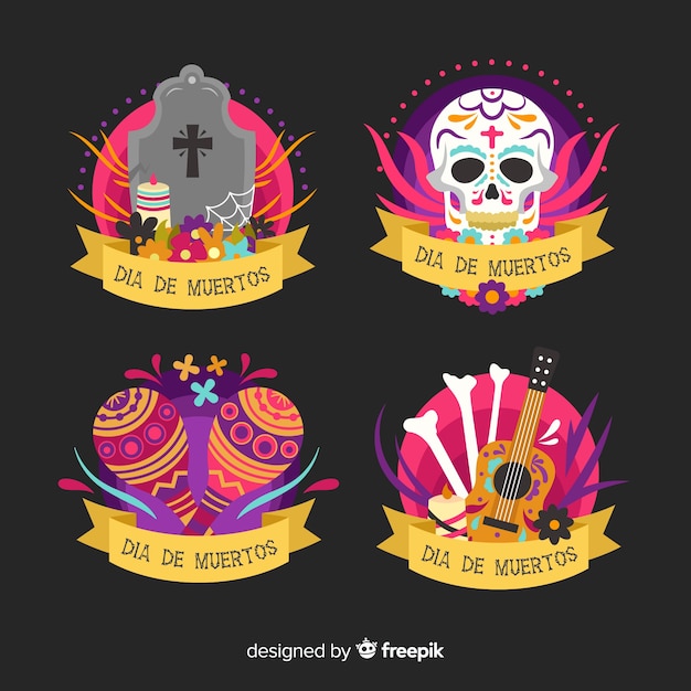 Coleção de rótulo de dia de muertos em design plano Vetor grátis