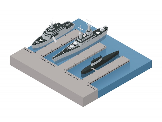 Composição 3d isométrica colorida dos barcos militares com os navios amarrados perto da ilustração do vetor da costa Vetor grátis