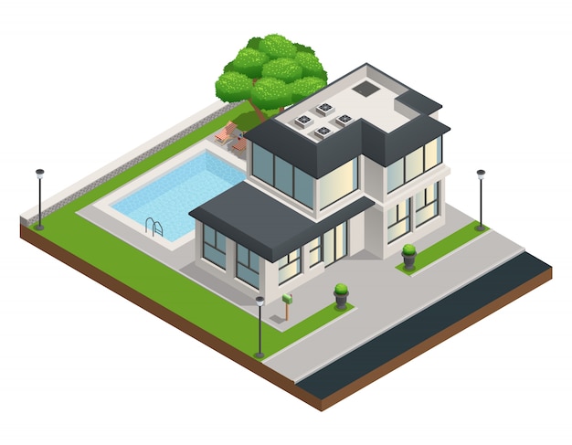 Composição isométrica com moderno subúrbio dois storeyd casa privada e quintal limpo Vetor grátis