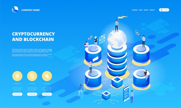 Composição isométrica de criptomoeda e blockchain com pessoas Vetor Premium