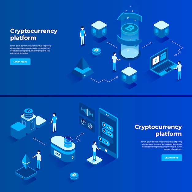 Composição isométrica de troca de criptomoedas e blockchain Vetor Premium