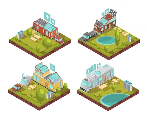 Composições isométricas com casa móvel, painéis solares de telhado, ícones de tecnologias no acampamento no verão isolaram ilustração vetorial Vetor grátis