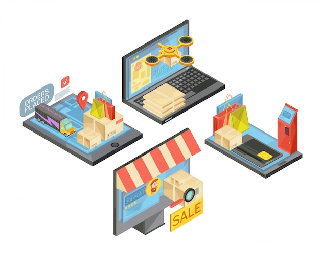 Composições isométricas de compras on-line com pacotes e sacos, pagamento, entrega, serviço de apoio, dispositivos móveis isolados ilustração vetorial Vetor grátis
