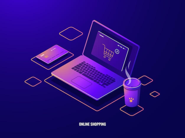 Compras on-line ícone isométrica internet compra, laptop com cesta de compras na tela, pagamento on-line Vetor grátis