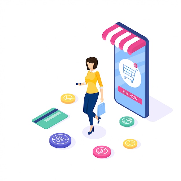 Compras online . mulher comprar coisas no site. pode usar infográficos e banner da web. isométrico ilustração. Vetor Premium