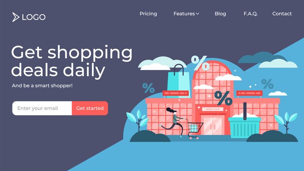 Compras pessoas minúsculas planas vector design de modelo de página de destino Vetor Premium