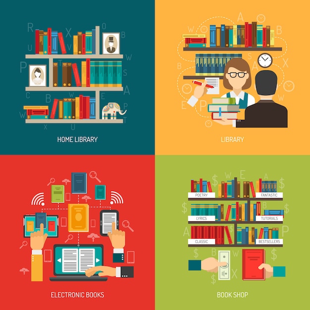 Conceito de biblioteca 4 praça de ícones plana Vetor grátis