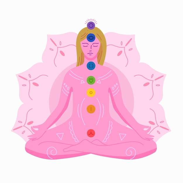 Conceito de chakras com mulher meditando Vetor grátis