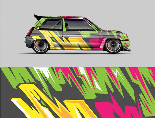 Conceito de design de decalque de carro retrô de corrida retrô. fundo abstrato selvagem da listra para veículos do envoltório, carros de corridas e libré de corrida. Vetor Premium