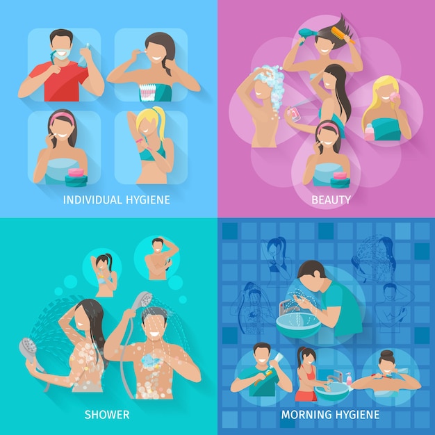 Conceito de design de higiene definido com ícones plana beleza e chuveiro Vetor grátis
