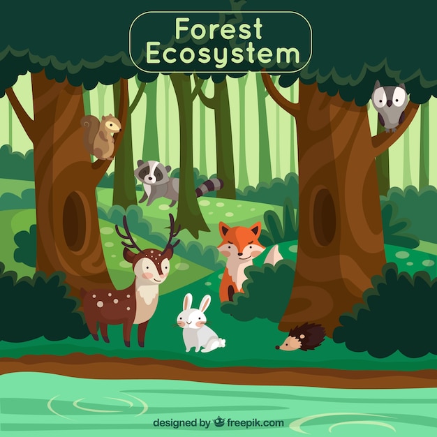 Conceito de ecossistema florestal com animais adoráveis Vetor grátis