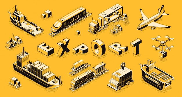 Conceito de exportação de bens comerciais com ar, estrada, arte de linha de transporte de frete marítimo Vetor grátis