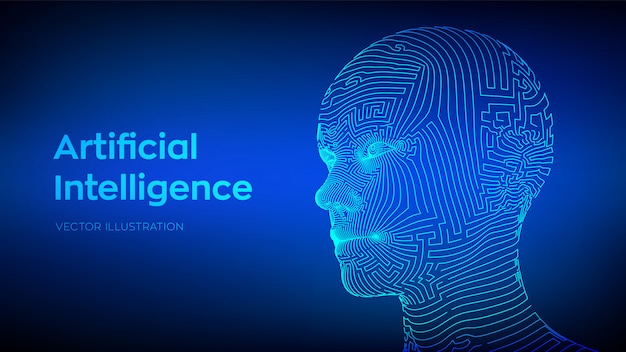 Conceito de inteligência artificial. ai cérebro digital. rosto humano digital abstrato. cabeça humana em interpretação de computador digital robô Vetor Premium