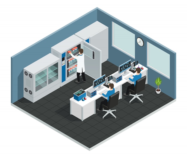 Conceito de local de trabalho de laboratório científico com equipamento para pesquisa e cientistas olhando para a tela do computador Vetor grátis