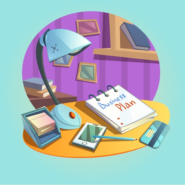 Conceito de local de trabalho de negócios com mesa e escritório itens estilo cartoon retrô Vetor grátis