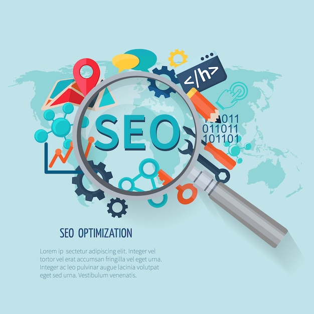 Conceito de marketing de seo com mapa de mundo de símbolos de pesquisa e lupa Vetor grátis