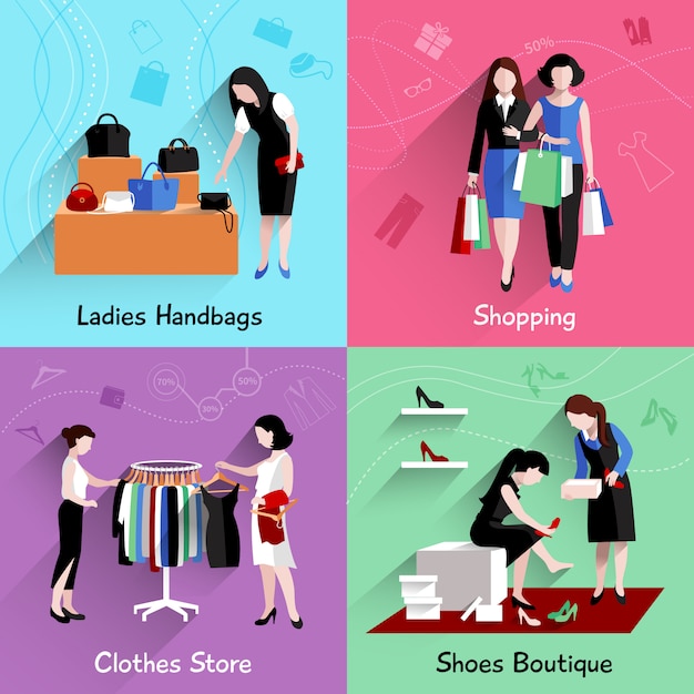 Conceito de projeto comercial mulher conjunto com roupas de bolsas e sapatos armazena ícones planas isoladas Vetor grátis