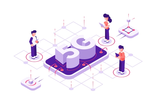 Conceito de tecnologia 5g com caracteres. pode usar para web banner, infográficos, imagens de herói. ilustração em vetor isométrica plana isolada. pessoas com dispositivos móveis estão de pé perto de telefone e letras grandes Vetor Premium