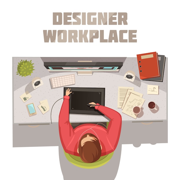Conceito de trabalho de design designer com livros de café e ilustração vetorial de computador Vetor grátis