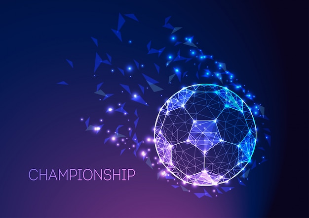 Conceito do campeonato do futebol com a bola de futebol futurista na obscuridade - inclinação roxo azul. Vetor Premium