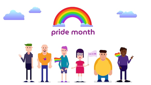 Conceito do mês do orgulho lgbt grupo de desenho animado de pessoas com sinalizadores lgbt
