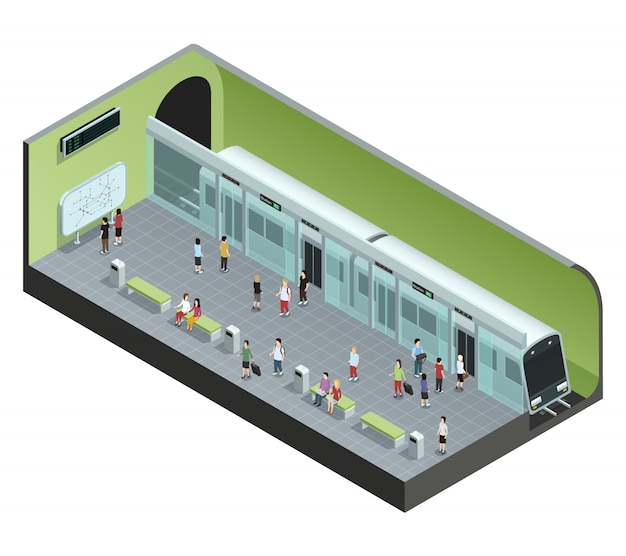 Conceito isométrico de cor retratando a estação de metrô com trem e pessoas Vetor grátis