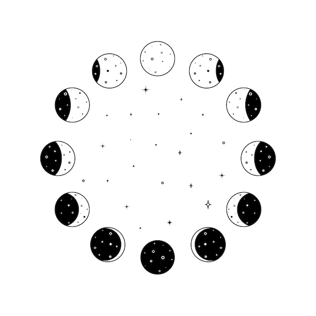 Conjunto Circular De Cone De Fases Da Lua Com Estrelas Brilhantes