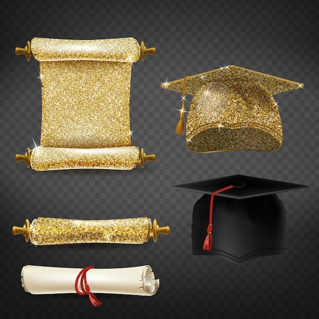 Conjunto com tampas de formatura preto e dourado, diplomas brilhantes Vetor grátis