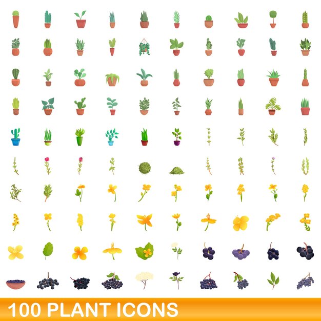 Conjunto de 100 ícones de plantas estilo cartoon Vetor Premium