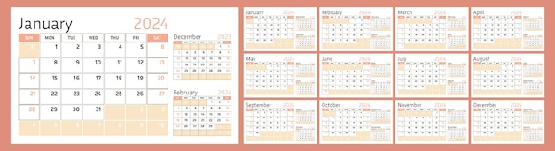 Conjunto De 12 Páginas De Calendário Para 2024 Em Coral E Pêssego Modelo De Design De Vetor A 5726