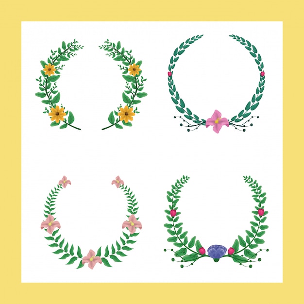Conjunto de 4 coroas de louros com cores verdes e roxas com flores amarelas e rosa Vetor grátis