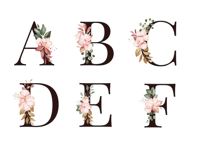 Conjunto De Alfabeto Floral Em Aquarela De A B C D E F Com Flores
