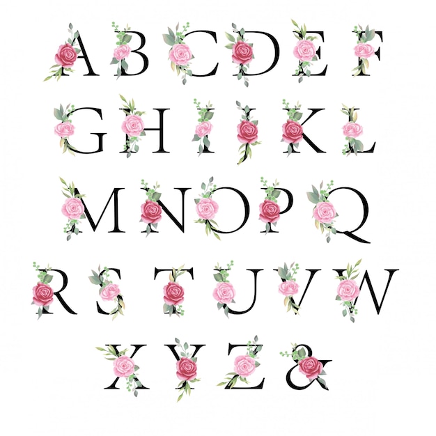 Conjunto De Alfabeto Floral Letras Com Flores Em Aquarela E Folhas