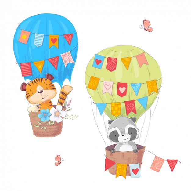 Conjunto de animais fofos de desenhos animados leão e guaxinim em um balão com flores e bandeiras Vetor Premium